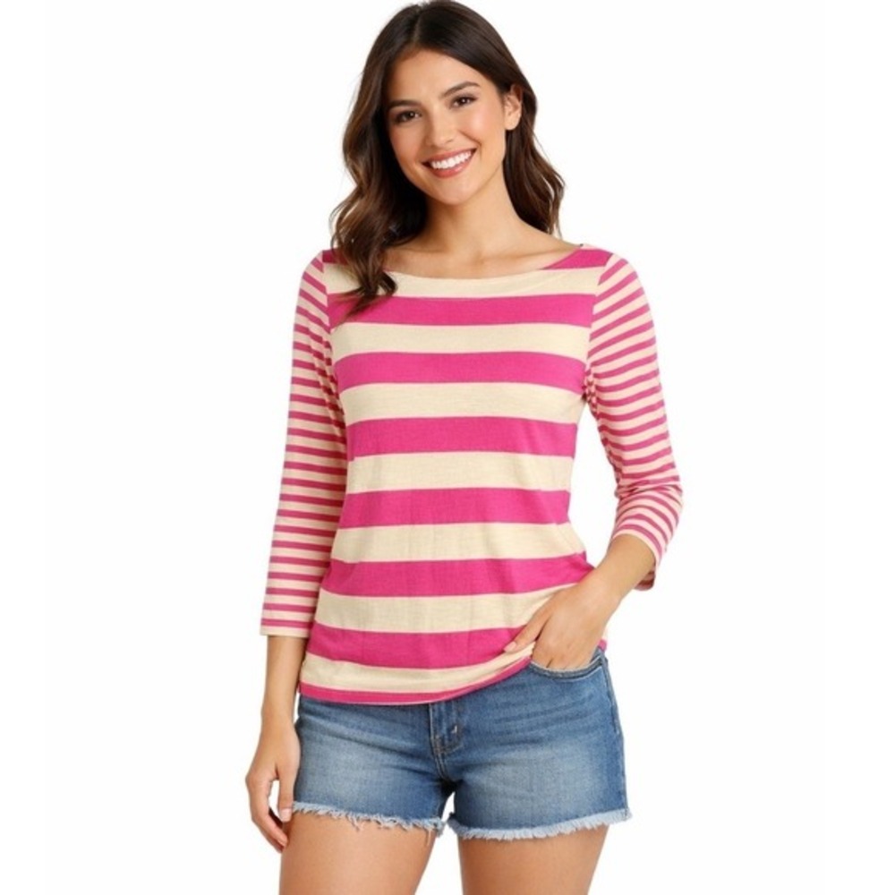 LOFT Pink Cream‎ Striped Boat Neck 3/4 Sleeve Cotton Top XS Vacation Chic 69-40